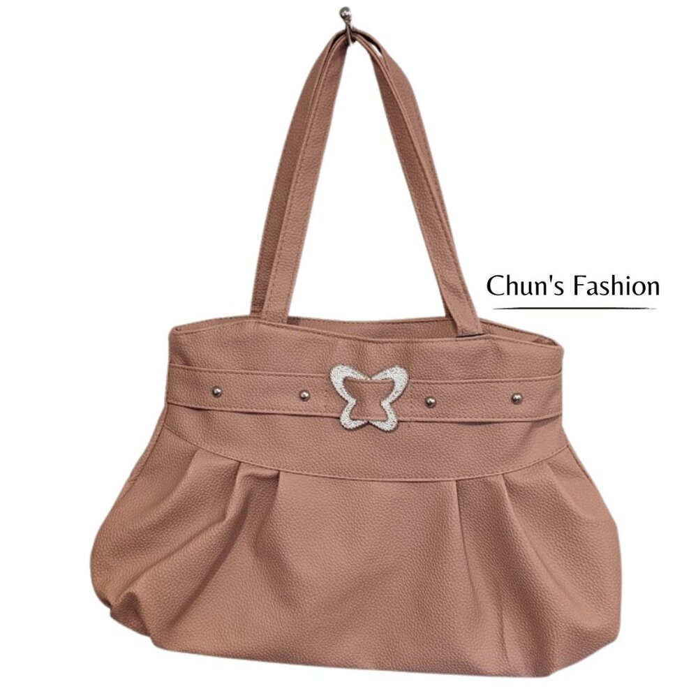 Women's Vegan Desert-Brown Faux Leather Bag w/ Butterfly & Silver Studs Medium